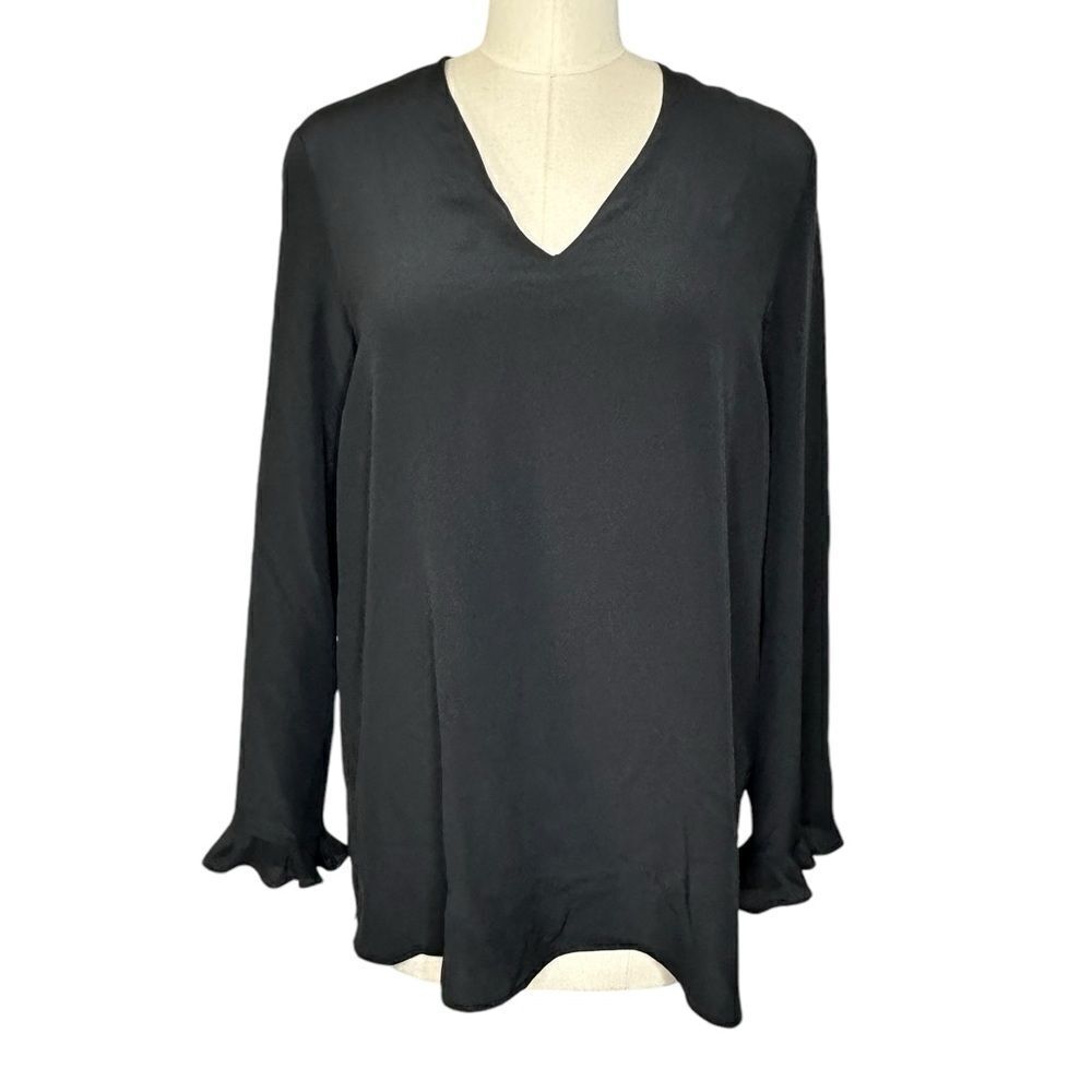 Etro Black Silk Long Sleeve V Neck Tunic Top Ruffle Cuff | Size 6